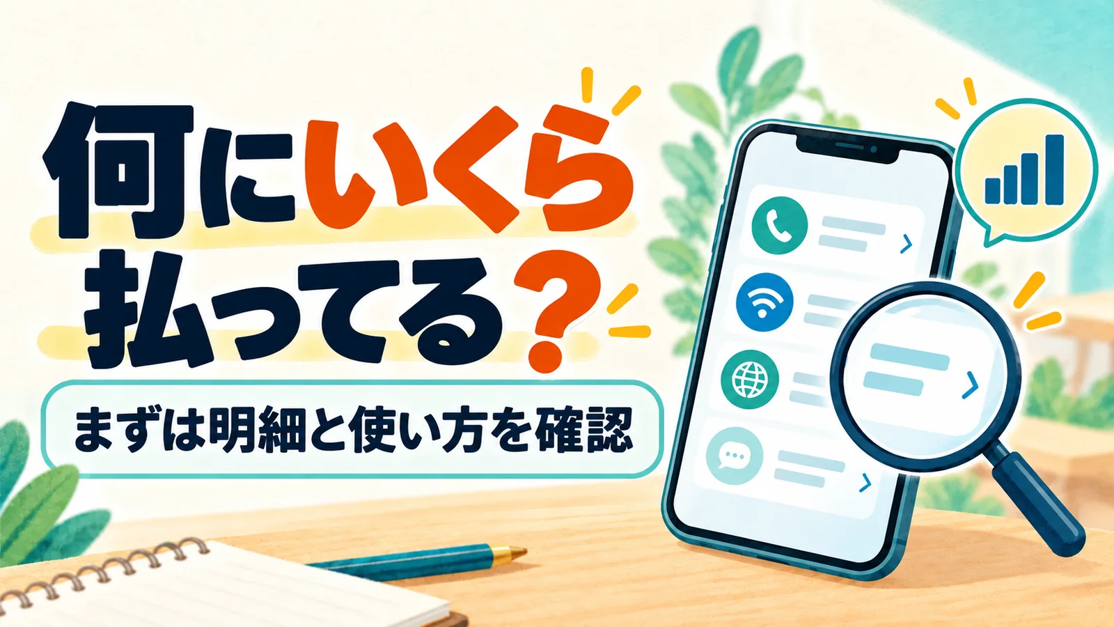 何にいくら払ってる？ 明細と使い方を確認するスマートフォンと虫眼鏡