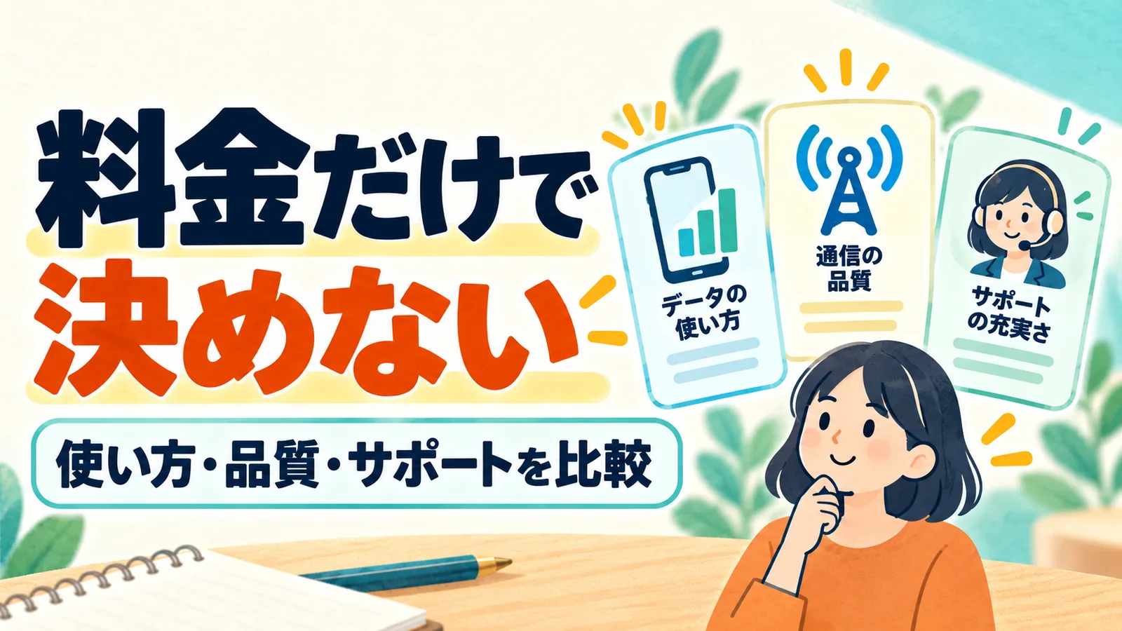 料金だけで決めずデータの使い方と通信品質とサポートを比較するイラスト