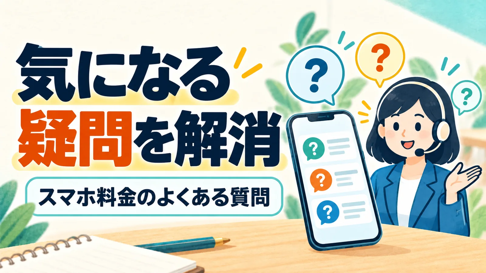 スマホ料金のよくある質問に答えるサポート担当者と疑問の吹き出し