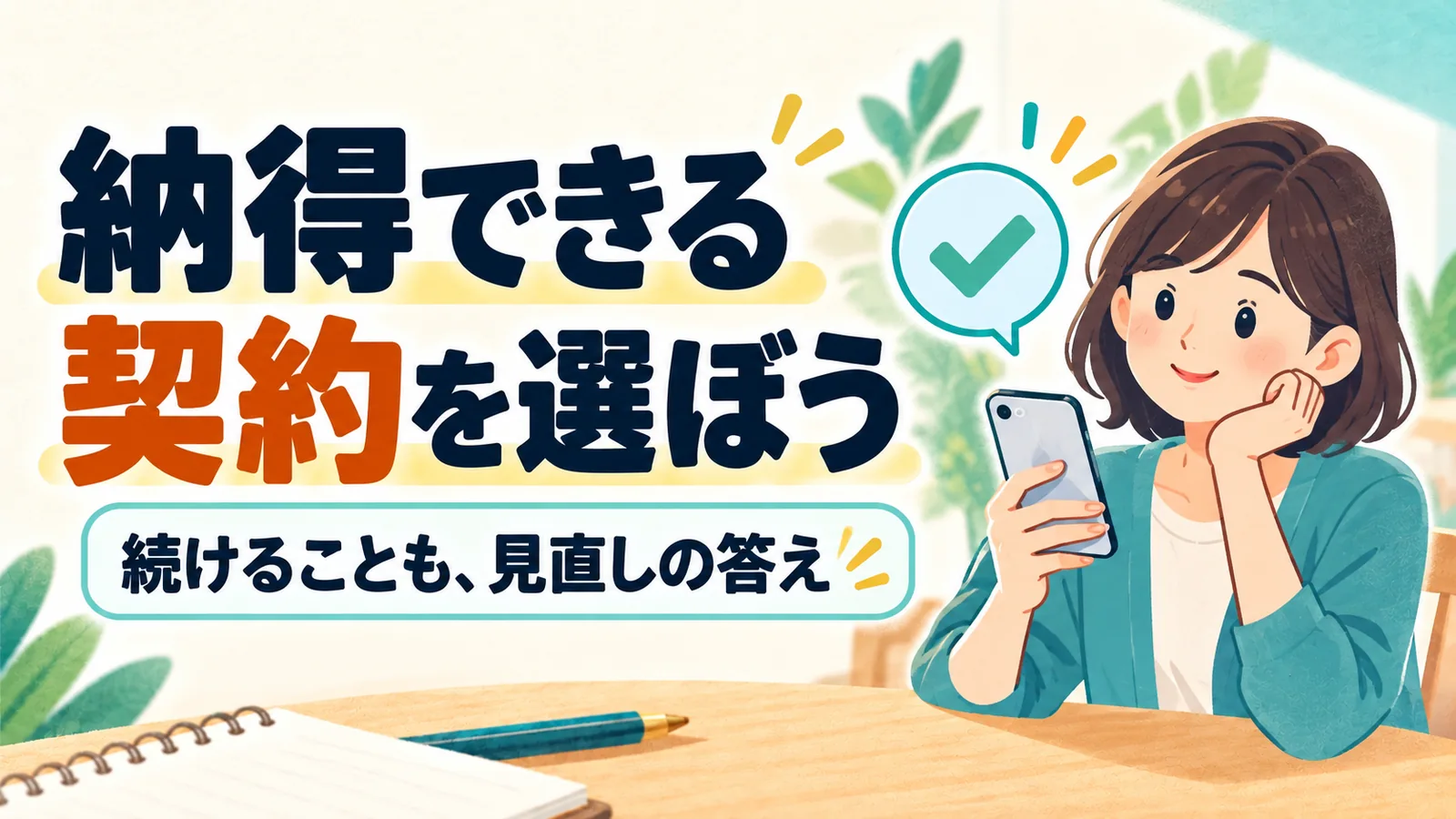 納得できる契約を選ぶためスマートフォンを確認する人物 継続も見直しの選択肢